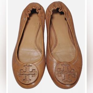 Tory Burch Minnie Travel Ballet Flats Camel Pebbled Leather Women's Size 9 M